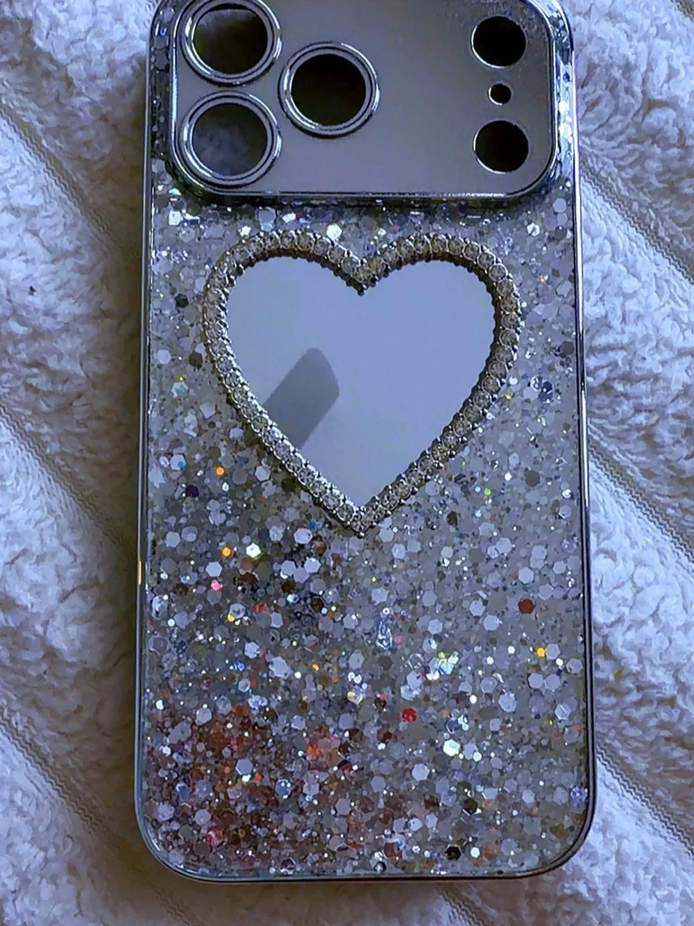 Glitter Heart Mirror Phone Case 17 promax- Silver